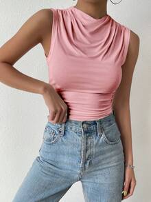 SHEIN Essnce Áo khoác và áo lót dành cho xe tăng nữ Vắt Xù màu trơn Giải trí - Hồng - Xem 6