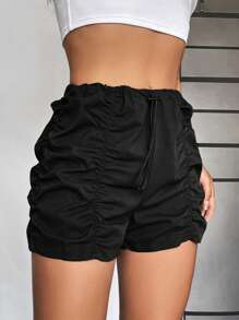 SHEIN EZwear Drawstring Waist Ruched Shorts - Black - View 3