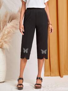 EMERY ROSE 蝴蝶水鑽下擺開叉七分褲 - 黑色 - 查看 1