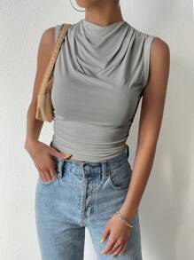 SHEIN Essnce St Patrick Solid Ruched Tank Top - Grey - View 5