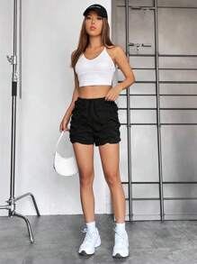 SHEIN EZwear Drawstring Waist Ruched Shorts - Black - View 4