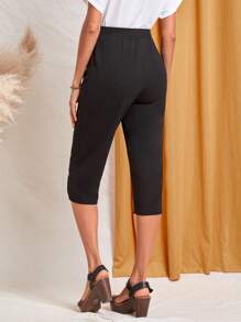 EMERY ROSE 蝴蝶水鑽下擺開叉七分褲 - 黑色 - 查看 2