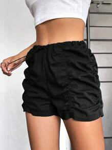 SHEIN EZwear Drawstring Waist Ruched Shorts - Black - View 5
