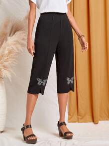 EMERY ROSE 蝴蝶水鑽下擺開叉七分褲 - 黑色 - 查看 4