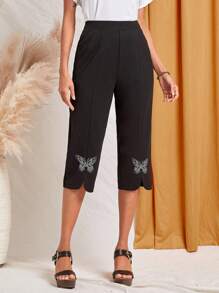 EMERY ROSE 蝴蝶水鑽下擺開叉七分褲 - 黑色 - 查看 5