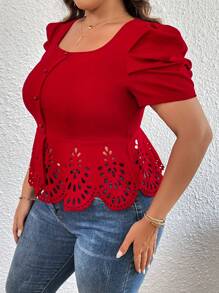 SHEIN Privé Plus Laser Cut Out Puff Sleeve Peplum Tee - Red - View 3