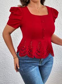 SHEIN Privé Plus Laser Cut Out Puff Sleeve Peplum Tee - Red - View 4