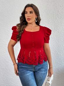 SHEIN Privé Plus Laser Cut Out Puff Sleeve Peplum Tee - Red - View 5