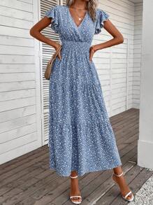 SHEIN VCAY Đầm Xù Viên lá sen Trọn gói Họa tiết hoa Boho - Màu xanh lam - Xem 1