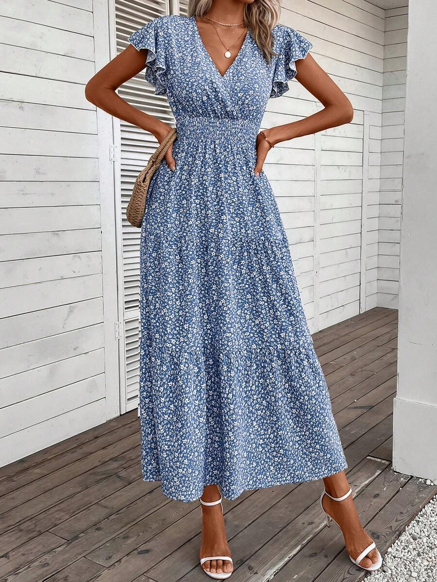 SHEIN VCAY Đầm Xù Viên lá sen Trọn gói Họa tiết hoa Boho - Màu xanh lam - Xem 1