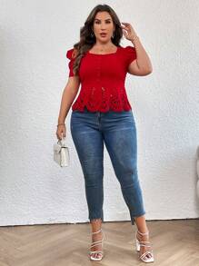 SHEIN Privé Plus Laser Cut Out Puff Sleeve Peplum Tee - Red - View 6