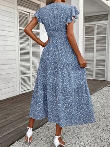 SHEIN VCAY Đầm Xù Viên lá sen Trọn gói Họa tiết hoa Boho - Màu xanh lam - Xem 2