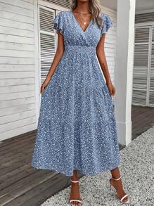 SHEIN VCAY Đầm Xù Viên lá sen Trọn gói Họa tiết hoa Boho - Màu xanh lam - Xem 4