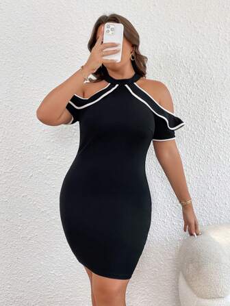 SHEIN Privé 大碼撞色滾邊挖肩荷葉邊緊身連衣裙