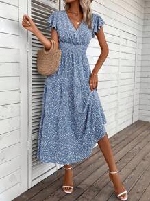 SHEIN VCAY Đầm Xù Viên lá sen Trọn gói Họa tiết hoa Boho - Màu xanh lam - Xem 5