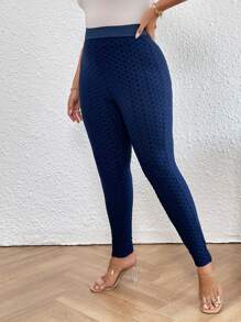 SHEIN Privé Plus Tie Back Solid Leggings - Navy Blue - View 3