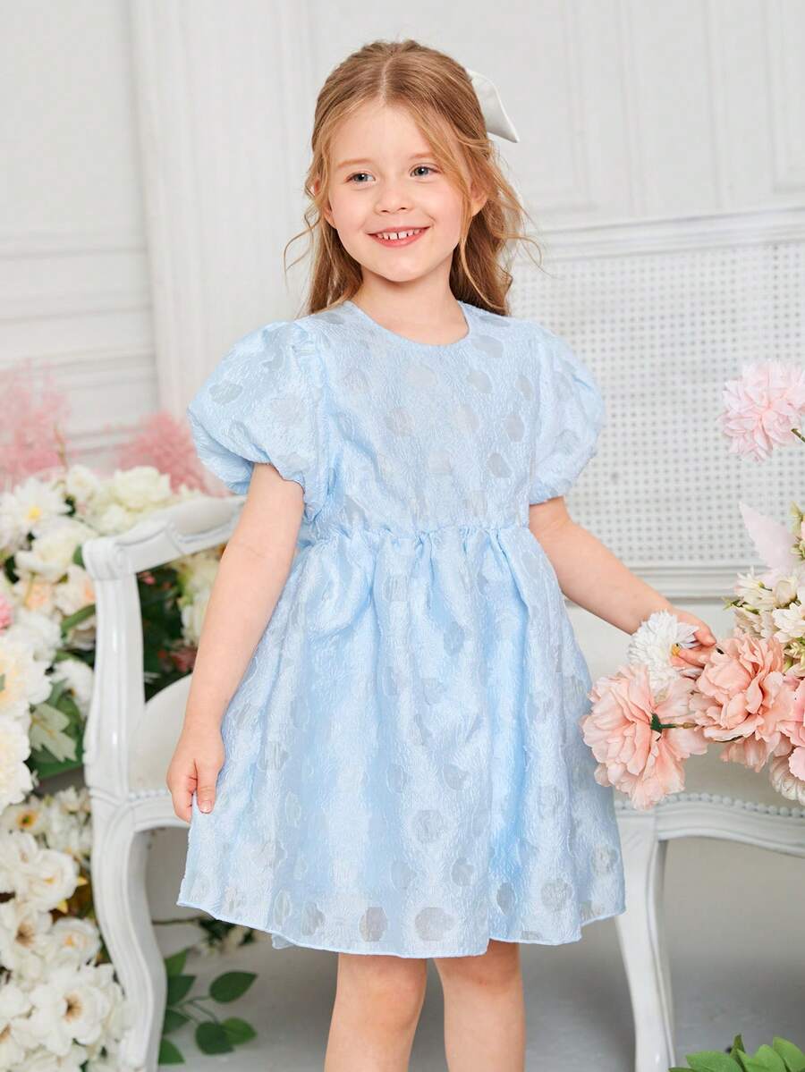 SHEIN 小女童花卉圖案提花泡泡袖洋裝 - 淺藍色 - 查看 1