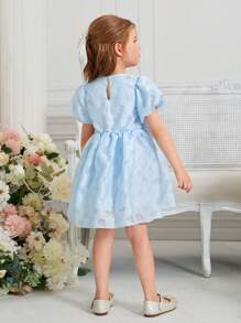 SHEIN 小女童花卉圖案提花泡泡袖洋裝 - 淺藍色 - 查看 2