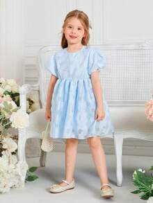 SHEIN 小女童花卉圖案提花泡泡袖洋裝 - 淺藍色 - 查看 3