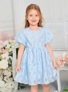 SHEIN 小女童花卉圖案提花泡泡袖洋裝 - 淺藍色 - 查看 4