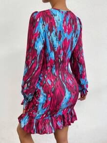 SHEIN Privé 滿版印花荷葉袖褶邊緊身連衣裙 - 彩色 - 查看 2