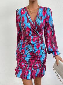 SHEIN Privé 滿版印花荷葉袖褶邊緊身連衣裙 - 彩色 - 查看 4