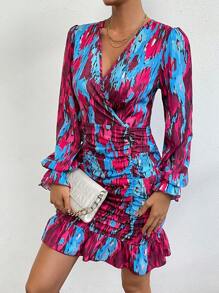 SHEIN Privé 滿版印花荷葉袖褶邊緊身連衣裙 - 彩色 - 查看 5