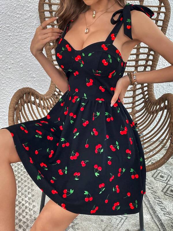 SHEIN VCAY Rochie cu umeri cu cravata imprimeu cirese