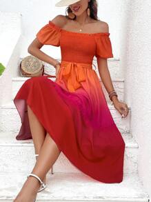 SHEIN VCAY 漸層一字肩荷葉邊繫腰帶連衣裙 - 彩色 - 查看 4