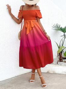 SHEIN VCAY 漸層一字肩荷葉邊繫腰帶連衣裙 - 彩色 - 查看 5