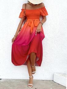 SHEIN VCAY 漸層一字肩荷葉邊繫腰帶連衣裙 - 彩色 - 查看 6