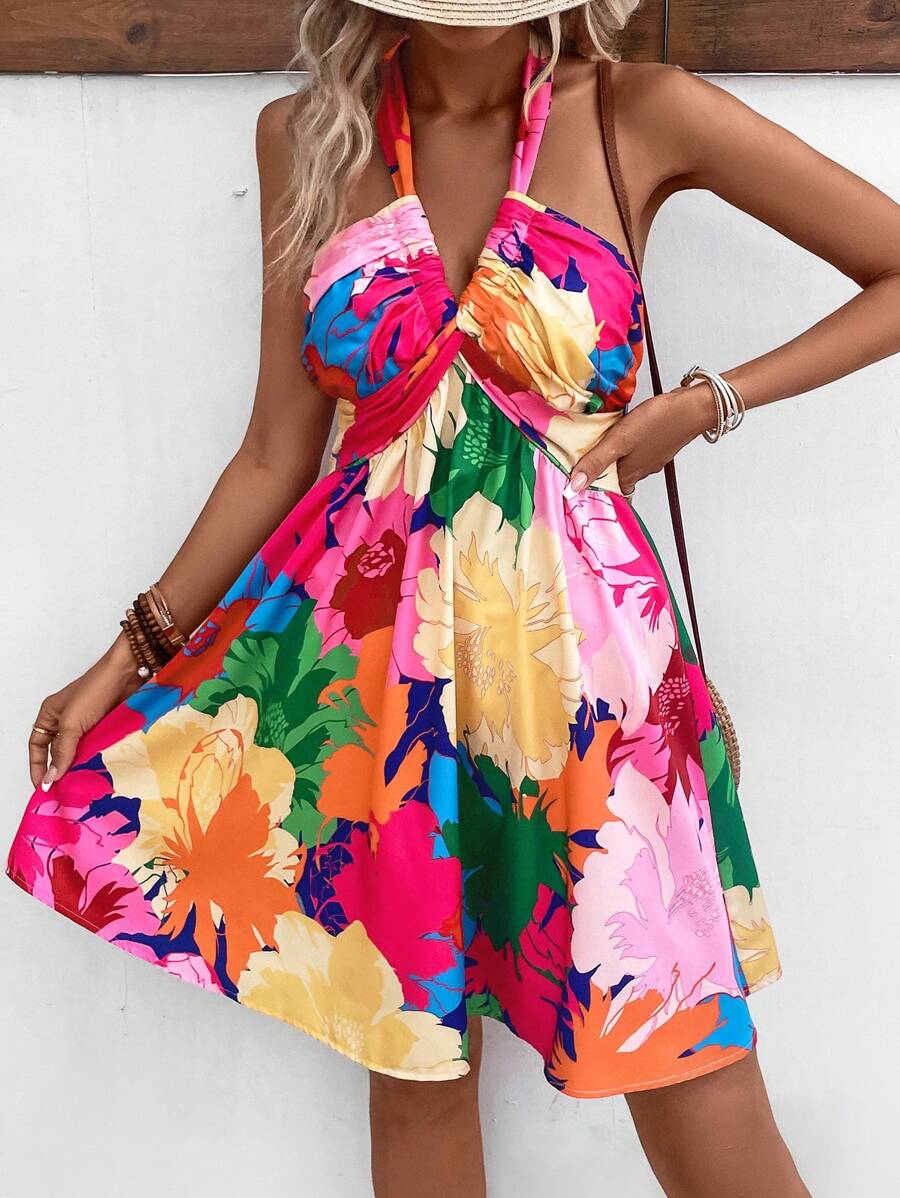 SHEIN VCAY 印花後背繫帶掛脖連衣裙 - 彩色 - 查看 1