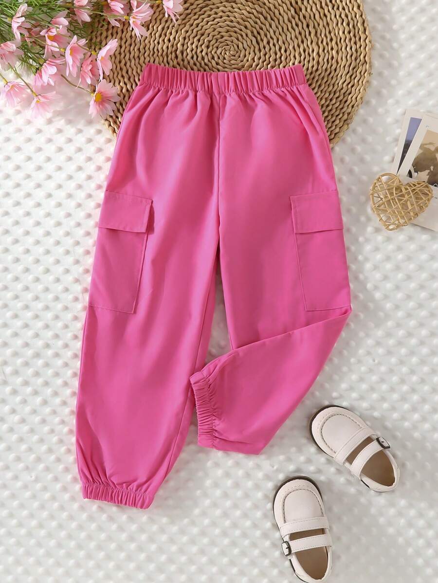 SHEIN 女小童素色寬鬆玫瑰紅色休閒長褲帶彈性袖口適合夏天和秋天 - 玫紅色 - 查看 1