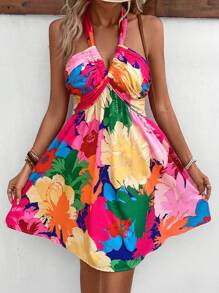 SHEIN VCAY 印花後背繫帶掛脖連衣裙 - 彩色 - 查看 6