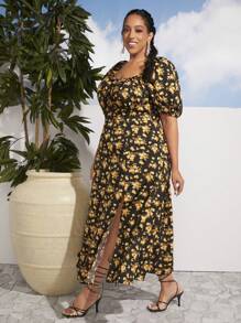 SHEIN CURVE+ 大碼印花方領泡泡袖高衩洋裝 - 彩色 - 查看 5