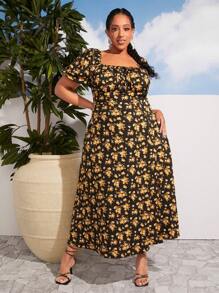 SHEIN CURVE+ 大碼印花方領泡泡袖高衩洋裝 - 彩色 - 查看 7