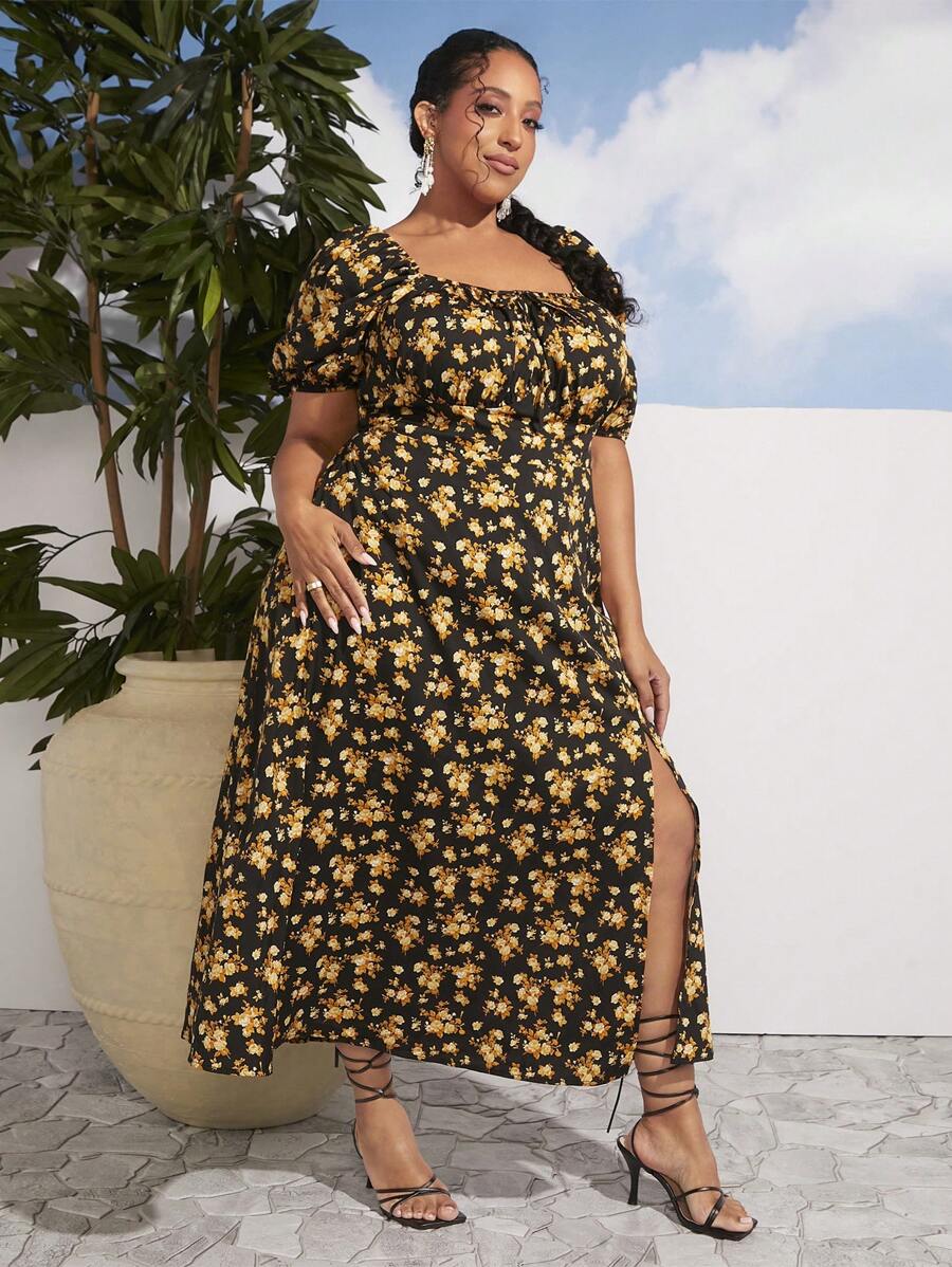 SHEIN CURVE+ 大碼印花方領泡泡袖高衩洋裝 - 彩色 - 查看 1