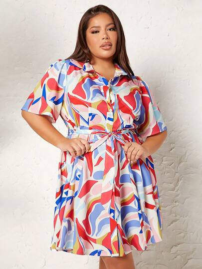 SHEIN SXY 大碼滿版印花腰帶襯衫連衣裙