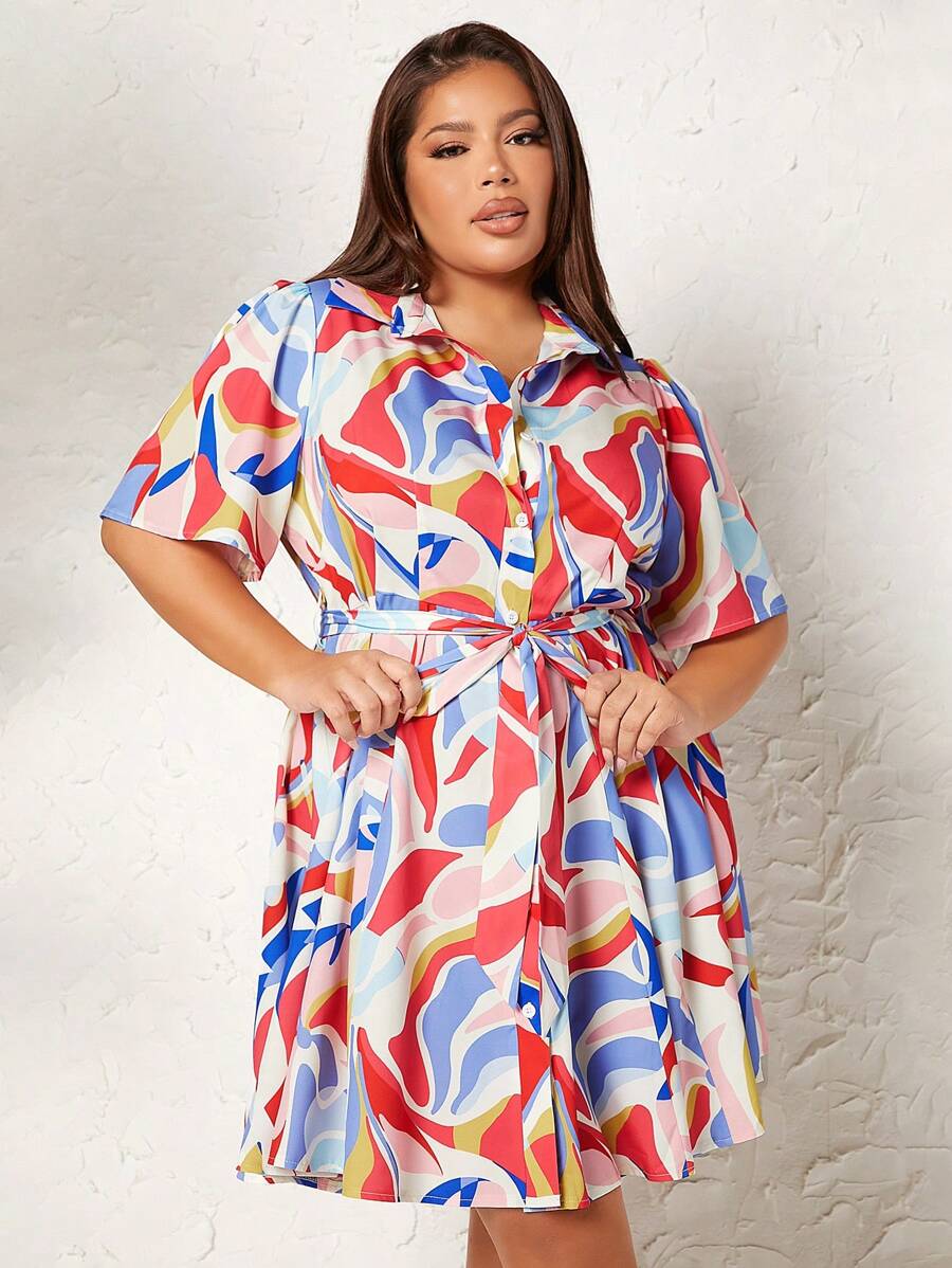 SHEIN SXY 大碼滿版印花腰帶襯衫連衣裙 - 彩色 - 查看 1