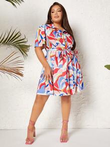 SHEIN SXY 大碼滿版印花腰帶襯衫連衣裙 - 彩色 - 查看 4