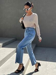 DAZY High Waist Split Hem Straight Leg Jeans - Medium Wash - View 2