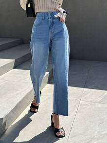 DAZY High Waist Split Hem Straight Leg Jeans - Medium Wash - View 4