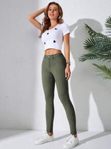 Chất rắn Quần skinny Quần jean ôm - xanh quân đội - Xem 1