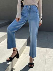 DAZY High Waist Split Hem Straight Leg Jeans - Medium Wash - View 8