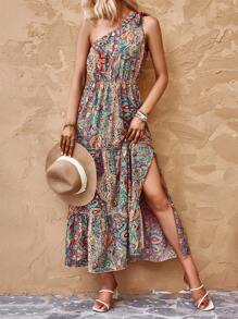 SHEIN VCAY Vestido con estampado de paisley de un hombro bajo con fruncido - Multicolor - Ver 1