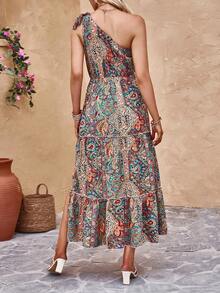 SHEIN VCAY Vestido con estampado de paisley de un hombro bajo con fruncido - Multicolor - Ver 2