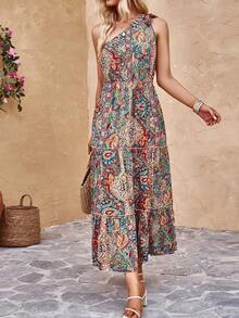 SHEIN VCAY Vestido con estampado de paisley de un hombro bajo con fruncido - Multicolor - Ver 3