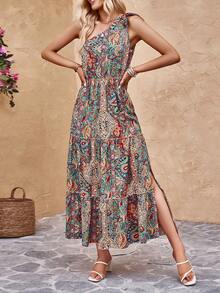 SHEIN VCAY Vestido con estampado de paisley de un hombro bajo con fruncido - Multicolor - Ver 4