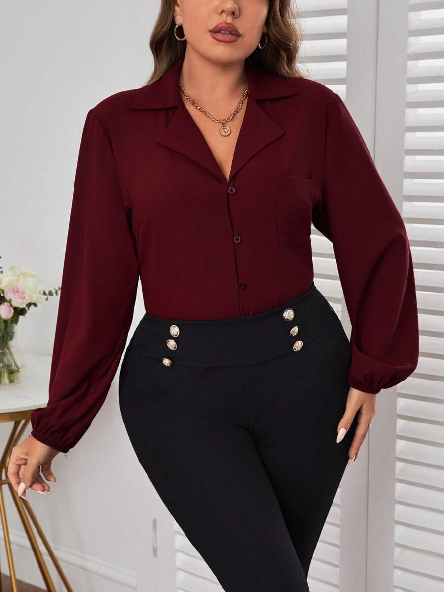 SHEIN Privé Áo cánh cổ lọ tay loe có túi vá - Màu Đỏ Sâu - Xem 1