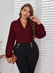 SHEIN Privé Áo cánh cổ lọ tay loe có túi vá - Màu Đỏ Sâu - Xem 4